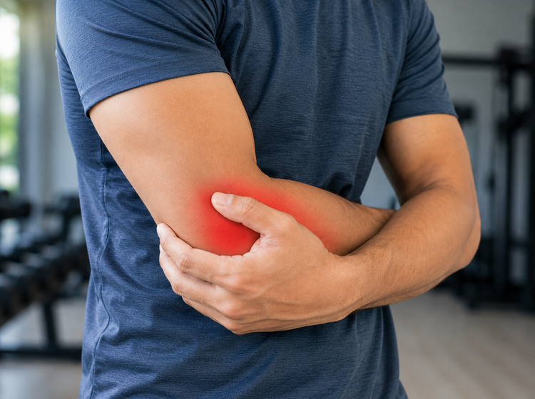 Person holding a painful elbow